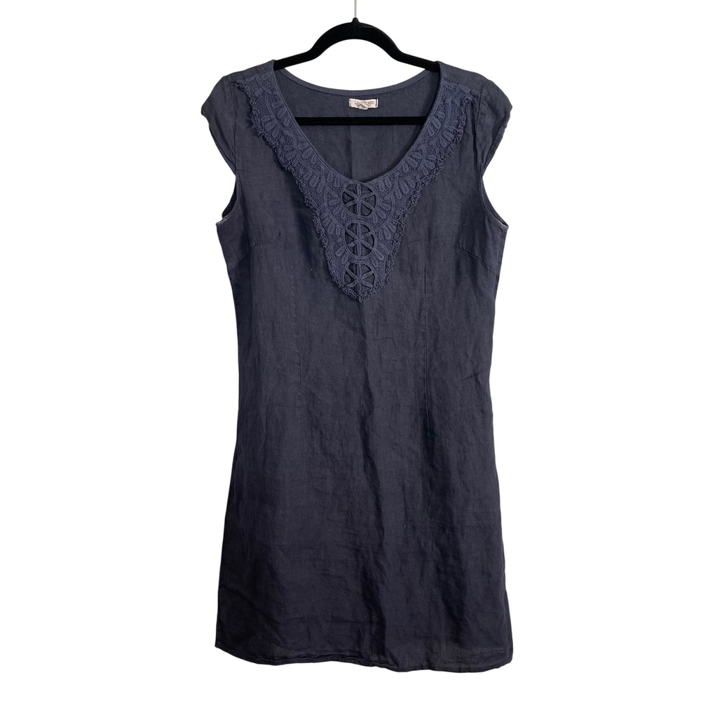 Lina Tomei Italy Navy Blue Linen Crochet Lace V-Neck Shift‎ Dress Womens Medium